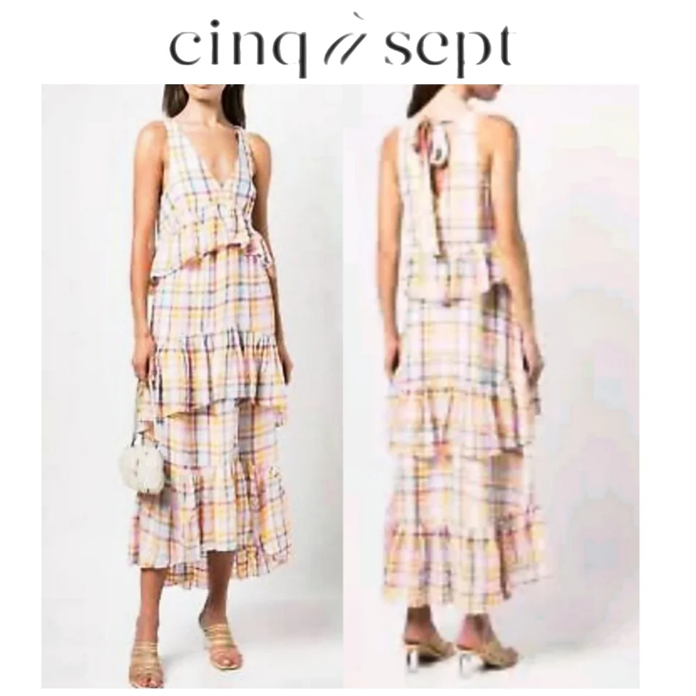 NWT CINQ A Sept midi dress tiered ruffled W/ back tie Luxury MSRP $465 - Picture 4 of 12